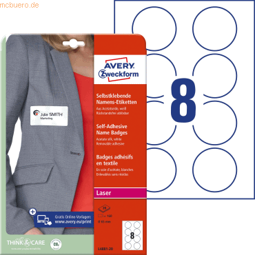 Avery Zweckform Namens-Etiketten 65mm 20 Bogen/160 Etiketten weiß Avery Zweckform Namens-Etiketten 65mm 20 Bogen/160 Etiketten weiß von Avery Zweckform