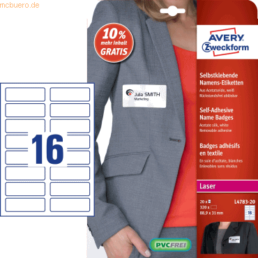 Avery Zweckform Namens-Etiketten Acetatseide weiß 88,9x31mm VE=320 Eti Avery Zweckform Namens-Etiketten Acetatseide weiß 88,9x31mm VE=320 Eti von Avery Zweckform