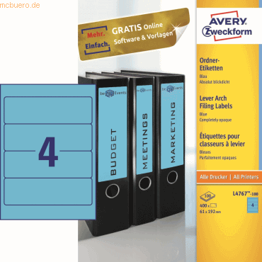 Avery Zweckform Ordner-Etiketten 192x61mm blau 100 Blatt/400 Etiketten Avery Zweckform Ordner-Etiketten 192x61mm blau 100 Blatt/400 Etiketten von Avery Zweckform