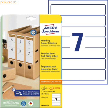 Avery Zweckform Ordner-Etiketten 38x192mm Recycling VE=210 Stück weiß Avery Zweckform Ordner-Etiketten 38x192mm Recycling VE=210 Stück weiß von Avery Zweckform