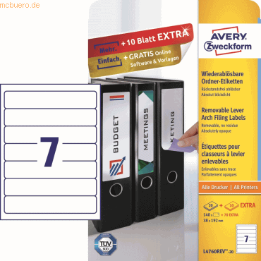 Avery Zweckform Ordner-Etiketten ablösbar 192x38 mm VE=210 Stück weiß Avery Zweckform Ordner-Etiketten ablösbar 192x38 mm VE=210 Stück weiß von Avery Zweckform