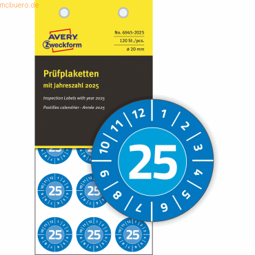 Avery Zweckform Prüfplaketten 2025 20mm VE=120 Etiketten blau Avery Zweckform Prüfplaketten 2025 20mm VE=120 Etiketten blau von Avery Zweckform