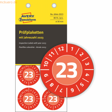 Avery Zweckform Prüfplaketten 30mm 10 Bogen/80 Etiketten 2023 rot Avery Zweckform Prüfplaketten 30mm 10 Bogen/80 Etiketten 2023 rot von Avery Zweckform