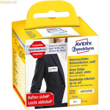 Avery Zweckform Rollenetiketten Namensetikett 41x89 mm weiß VE=200 Stü Avery Zweckform Rollenetiketten Namensetikett 41x89 mm weiß VE=200 Stü von Avery Zweckform