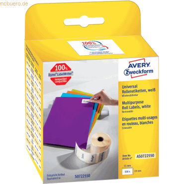 Avery Zweckform Rollenetiketten Universal 19x51mm VE=500 Stück Avery Zweckform Rollenetiketten Universal 19x51mm VE=500 Stück von Avery Zweckform