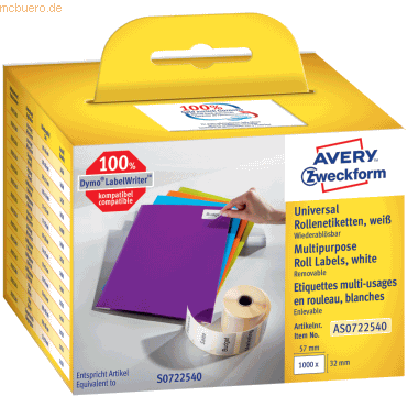 Avery Zweckform Rollenetiketten Universal 57x32mm VE=1000 Stück Avery Zweckform Rollenetiketten Universal 57x32mm VE=1000 Stück von Avery Zweckform