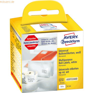 Avery Zweckform Rollenetiketten Universal 70x54mm VE=320 Stück Avery Zweckform Rollenetiketten Universal 70x54mm VE=320 Stück von Avery Zweckform