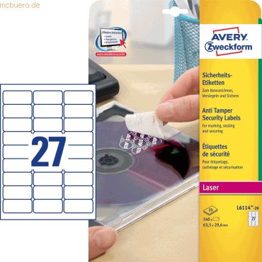 Avery Zweckform Sicherheits-Etiketten 63,5x29,6mm weiß VE=540 Stück Avery Zweckform Sicherheits-Etiketten 63,5x29,6mm weiß VE=540 Stück von Avery Zweckform
