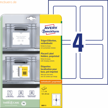 Avery Zweckform Träger-Etiketten 120x80 mm weiß VE=20 Stück / 5 Bögen Avery Zweckform Träger-Etiketten 120x80 mm weiß VE=20 Stück / 5 Bögen von Avery Zweckform