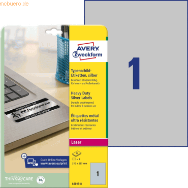 Avery Zweckform Typenschild-Etiketten DIN A4 210x297mm silber 8 Etiket Avery Zweckform Typenschild-Etiketten DIN A4 210x297mm silber 8 Etiket von Avery Zweckform