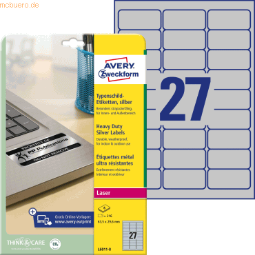 Avery Zweckform Typenschild-Etiketten silber 63,5x29,6mm 216 Etiketten von Avery Zweckform