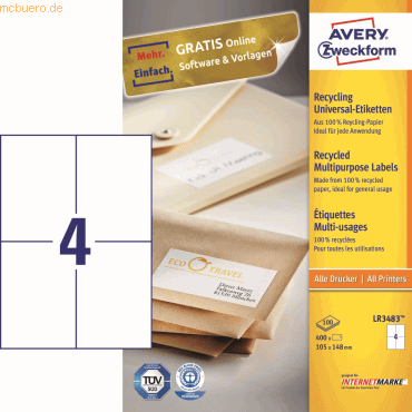 Avery Zweckform Universal-Etiketten 105x148mm Recycling naturweiß VE=4 Avery Zweckform Universal-Etiketten 105x148mm Recycling naturweiß VE=4 von Avery Zweckform