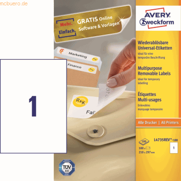 Avery Zweckform Universal-Etiketten 210x297 mm 100 Blatt/100 Etiketten von Avery Zweckform