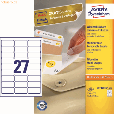 Avery Zweckform Universal-Etiketten 63,5x29,6 mm 100 Blatt/2700 Etiket Avery Zweckform Universal-Etiketten 63,5x29,6 mm 100 Blatt/2700 Etiket von Avery Zweckform