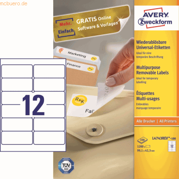 Avery Zweckform Universal-Etiketten 99,1x42,3 mm 100 Blatt/1200 Etiket Avery Zweckform Universal-Etiketten 99,1x42,3 mm 100 Blatt/1200 Etiket von Avery Zweckform