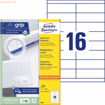 Avery Zweckform Universal-Etiketten ultragrip 105x33,8 mm VE=1.600 Eti Avery Zweckform Universal-Etiketten ultragrip 105x33,8 mm VE=1.600 Eti von Avery Zweckform