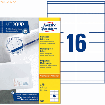 Avery Zweckform Universal-Etiketten ultragrip 105x35 mm VE=1.600 Etike Avery Zweckform Universal-Etiketten ultragrip 105x35 mm VE=1.600 Etike von Avery Zweckform