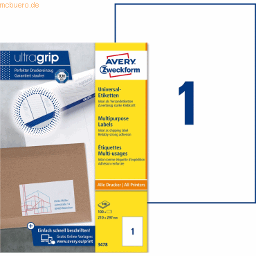 Avery Zweckform Universal-Etiketten ultragrip 210x297 mm VE=100 Etiket Avery Zweckform Universal-Etiketten ultragrip 210x297 mm VE=100 Etiket von Avery Zweckform