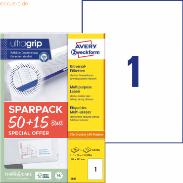 Avery Zweckform Universal-Etiketten ultragrip 210x297 mm VE=65 Etikett Avery Zweckform Universal-Etiketten ultragrip 210x297 mm VE=65 Etikett von Avery Zweckform