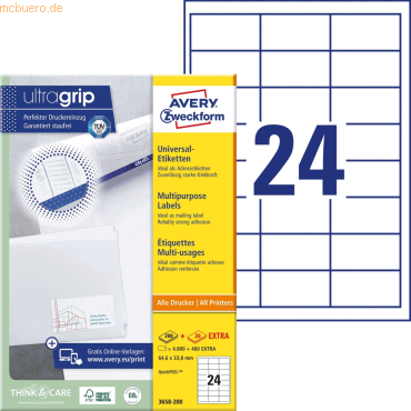 Avery Zweckform Universal-Etiketten ultragrip 64,6x33,8 mm VE=5.280 Et Avery Zweckform Universal-Etiketten ultragrip 64,6x33,8 mm VE=5.280 Et von Avery Zweckform