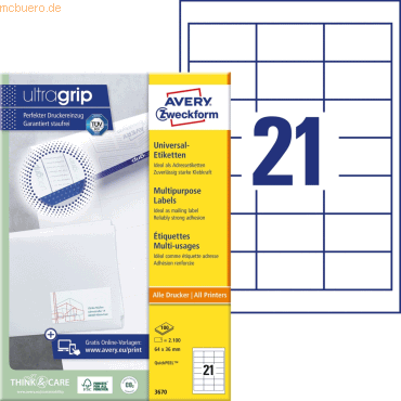 Avery Zweckform Universal-Etiketten ultragrip 64x36 mm VE=2.100 Etiket Avery Zweckform Universal-Etiketten ultragrip 64x36 mm VE=2.100 Etiket von Avery Zweckform