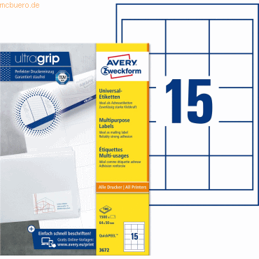 Avery Zweckform Universal-Etiketten ultragrip 64x50 mm VE=1.500 Etiket Avery Zweckform Universal-Etiketten ultragrip 64x50 mm VE=1.500 Etiket von Avery Zweckform