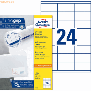 Avery Zweckform Universal-Etiketten ultragrip 70x35 mm VE=2.400 Etiket Avery Zweckform Universal-Etiketten ultragrip 70x35 mm VE=2.400 Etiket von Avery Zweckform