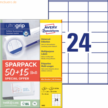 Avery Zweckform Universal-Etiketten ultragrip 70x36 mm VE=1560 Etikett Avery Zweckform Universal-Etiketten ultragrip 70x36 mm VE=1560 Etikett von Avery Zweckform