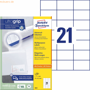 Avery Zweckform Universal-Etiketten ultragrip 70x42,3 mm VE=2.100 Etik von Avery Zweckform