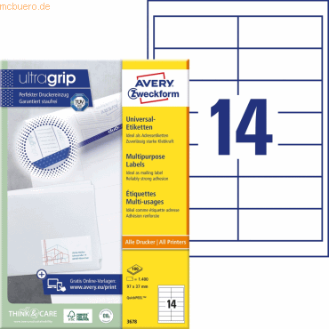 Avery Zweckform Universal-Etiketten ultragrip 97x37 mm VE=1.400 Etiket Avery Zweckform Universal-Etiketten ultragrip 97x37 mm VE=1.400 Etiket von Avery Zweckform