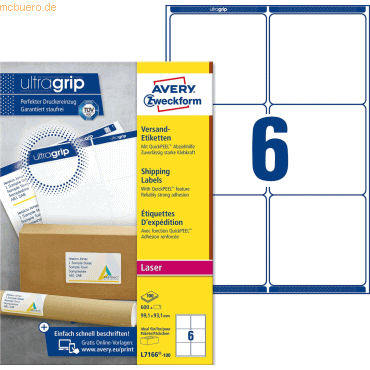 Avery Zweckform Versandetiketten 99,1x93,1 mm VE=600 Etiketten / 100 B Avery Zweckform Versandetiketten 99,1x93,1 mm VE=600 Etiketten / 100 B von Avery Zweckform