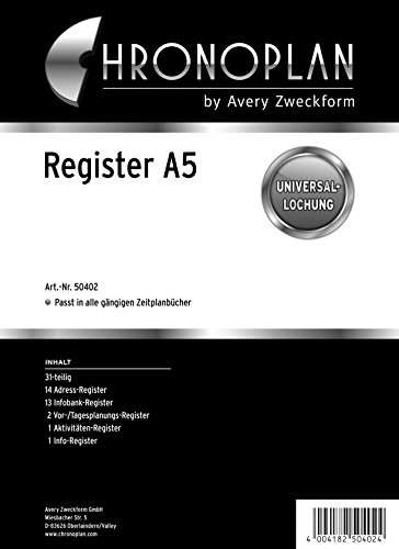 Chronoplan 50402 Register für A5-Terminplaner (165x210 mm, 31-teilig: 14 Adress-Register, 13 Infobank-Register, 2 Tagesplan-Register, 1 Aktivitäten-Register und 1 Info-Register, für viele Organizer) Chronoplan 50402 Register für A5-Terminplaner (165x210 mm, 31-teilig: 14 Adress-Register, 13 Infobank-Register, 2 Tagesplan-Register, 1 Aktivitäten-Register und 1 Info-Register, für viele Organizer) von Avery Zweckform