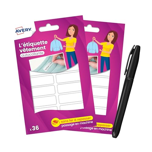 AVERY - 72 Blanko-Kleidungsetiketten, selbstklebend, beschreibbar, weiß, inkl. Marker – 2 Beutel mit 36 Etiketten – Format 1,3 x 4,5 cm AVERY - 72 Blanko-Kleidungsetiketten, selbstklebend, beschreibbar, weiß, inkl. Marker – 2 Beutel mit 36 Etiketten – Format 1,3 x 4,5 cm von Avery