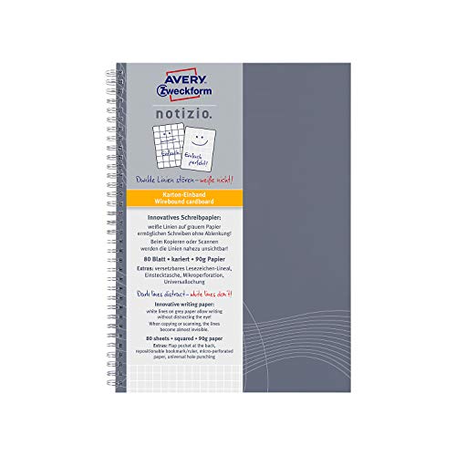 AVERY Zweckform 7011 Notizbuch notizio (A5, Papier-Cover, Doppelspirale, kariert, 90 g/m², 80 Seiten mikroperforiert, Notizblock mit versetzbarem Lesezeichenlineal und Universal-Lochung) hellgrau, DIN A5 von Avery