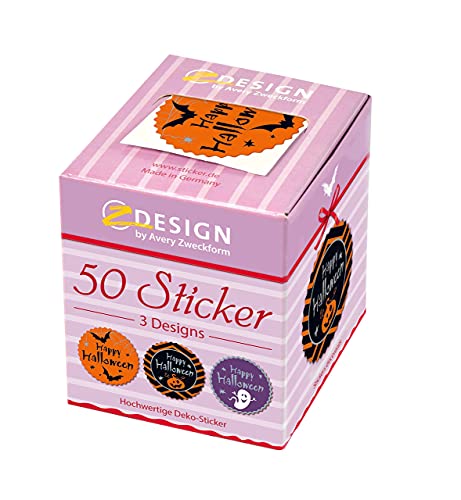 AVERY Zweckform Halloween Aufkleber 50 Stück Art. 56858 (Etiketten, Papiersticker 38 mm im Spender, Kürbis, Geister, Fledermaus, Tischdeko, Partyzubehör, Dekoration, grusel) Sticker auf Rolle von Avery