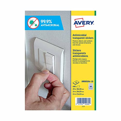 Avery Antimikrobielle Folie, quadratische Aufkleber für Knöpfe, selbstklebende transparente Folie, verschiedene Größen, 68 Etiketten pro A4-Blatt, 10 Blatt pro Packung (AM00SA4) von Avery