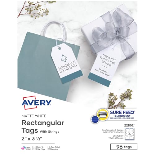 Avery Blanko bedruckbare Etiketten, Sure Feed Technologie, 5,1 x 8,9 cm, Weiß, 96 anpassbare Etiketten, Schnur enthalten, ideal für Branding, Geschenke, Merchandising und mehr (22802) von Avery
