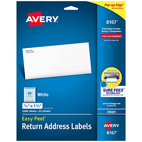 Avery® Easy Peel® 8167 Adress-Etiketten, für Tintenstrahldrucker, 1,27 x 4,5 cm, Weiß, 2.000 Stück von AVERY