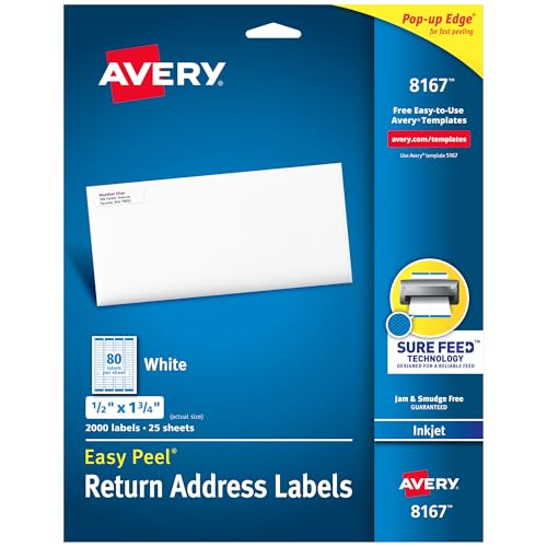 Avery® Easy Peel® 8167 Adress-Etiketten, für Tintenstrahldrucker, 1,27 x 4,5 cm, Weiß, 2.000 Stück von Avery