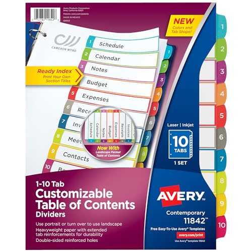 Avery 10 Registerkarten für 3 Ringbücher, anpassbares Inhaltsverzeichnis, mehrfarbig, 1 Set (11842) von Avery
