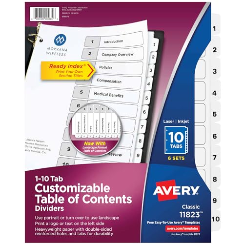 Avery 10 Registerkarten für 3 Ringbücher, personalisierbares Inhaltsverzeichnis, klassische weiße Tabs, 6 Sets (11823) von Avery