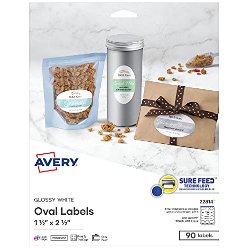 Avery 22814 Etiketten, blanko, oval, 3,8 x 6,3 cm, glänzend, Weiß, 90 Etiketten von Avery