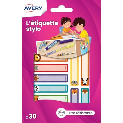 Avery - 30 strapazierfähige selbstklebende Etiketten für Buntstifte, Filzstifte und Kugelschreiber in 4 Farben – Format 50 x 10 mm – Tiermotive – weiße Oberfläche beschreibbar – Permanent klebend Avery - 30 strapazierfähige selbstklebende Etiketten für Buntstifte, Filzstifte und Kugelschreiber in 4 Farben – Format 50 x 10 mm – Tiermotive – weiße Oberfläche beschreibbar – Permanent klebend von Avery