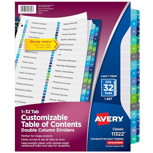 Avery 32 Tabs Doppelspalten 3-Ringordner Trennblätter, bedruckbares Inhaltsverzeichnis, mehrfarbige Tabs, 1 Set (11322) von Avery