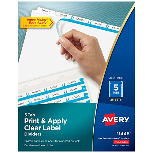Avery 5 Registerkarten für 3-Ringbuch, einfaches Drucken und Anbringen, transparenter Etikettenstreifen, Index-Maker, anpassbare weiße Tabs, 25 Sets (11446) von Avery