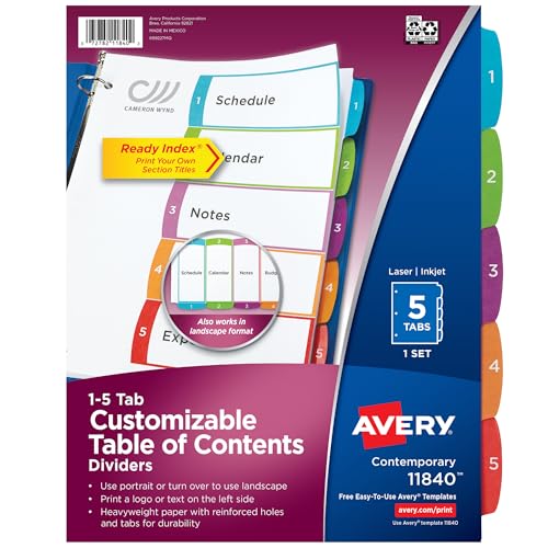 Avery 5-Tab-Trennblätter für 3 Ringbücher, anpassbare Inhaltsverzeichnisse, mehrfarbige Tabs, 1 Set (11840) von Avery