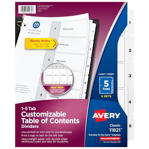 Avery 5-Tab-Trennblätter für 3-Ringordner, anpassbares Inhaltsverzeichnis, klassische weiße Reiter, 6 Sets (11821) von Avery