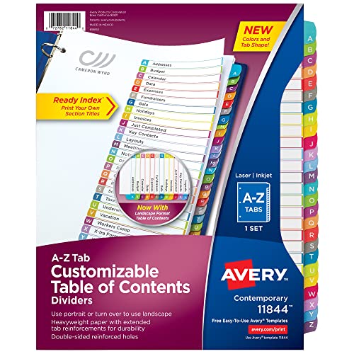 Avery A-Z 26 Registerkarten für 3-Ringbücher, anpassbares Inhaltsverzeichnis, mehrfarbig, 1 Set, 12 Packungen (11844) von Avery