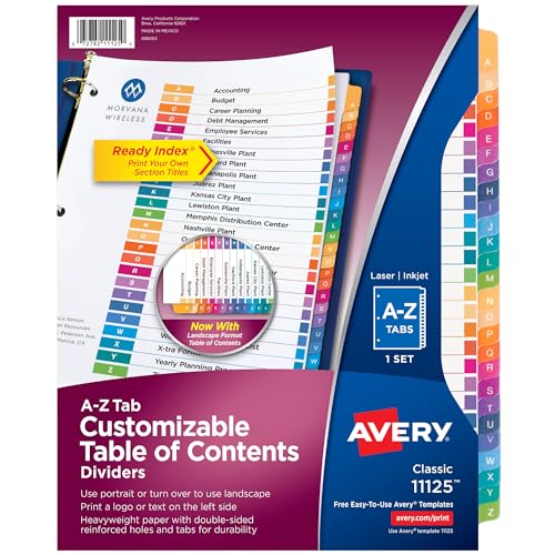 Avery A-Z Registerkarten für 3-Ringbuch, anpassbares Inhaltsverzeichnis, Mehrfarbig, 1 Set (11125) von Avery