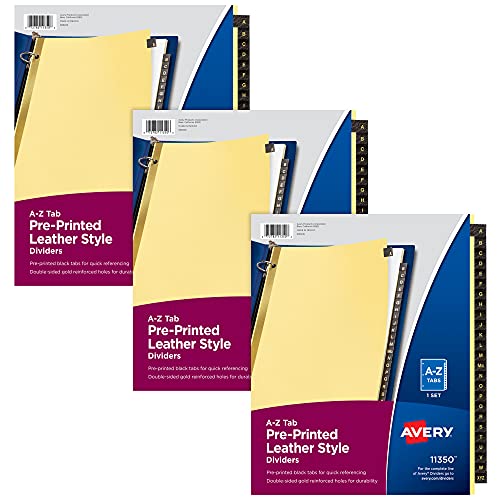 Avery A-Z Trennblätter für 3 Ringbücher, 25 Register-Sets, vorgedruckte schwarze Lederreiter, 3 Binder-Teiler-Sets (21350) von Avery